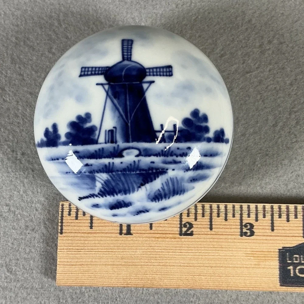 Vintage Blue White Porcelain Trinket Box Windmill‎ Germany Small Jewelry Box
